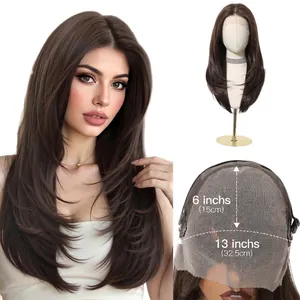 Long layered dark brown 13x6 lace front wig made of heat resistant synthetic hair