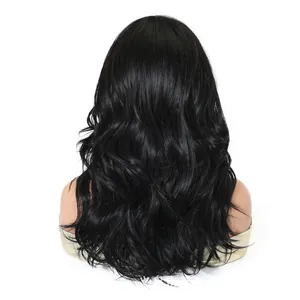Detailed back view of a high-quality long wavy black synthetic wig with natural texture