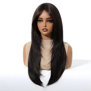 Long straight cold brown wig for women with natural layers shown on a mannequin