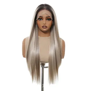 Professional long straight ombre ash blonde lace front wig for women displayed on mannequin