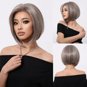 Short ash blonde bob lace front wig displayed in detailed front side and back views