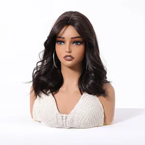 Natural black brown wavy synthetic wig with trendy curtain bangs for women