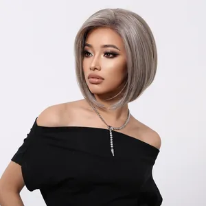 Detailed view of high-quality 13x6 lace front ash blonde ombre bob wig on a studio model