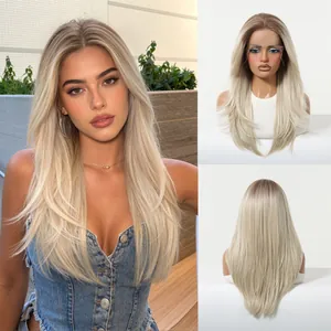 Comprehensive detail view of 13x6 lace front synthetic wig with layered ombre blonde hair