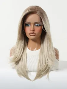 Close-up detail of 13x6 lace front wig with layered ombre ash blonde synthetic hair.