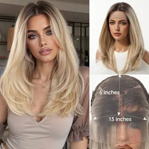 Detaillierte 13x6 Lace-Front-Perücke mit blondem Ombre-Synthetikhaar für Damen-Look