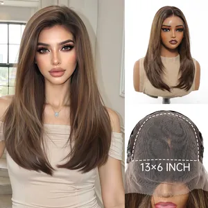 Lange braun-blonde Ombre-Synthetikperücke mit 13x6 Lace-Front und feiner Innenkappe