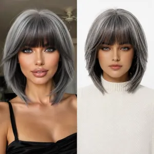 Vista comparativa de una peluca bob gris con flequillo en modelo