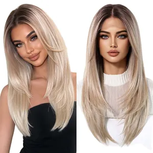Lange gestufte aschblonde Ombre-Spitzenperücke für Damen mit natürlichem Scheitel