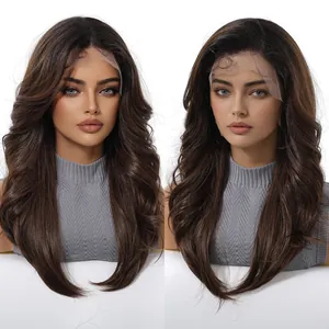 Professional 13x6 lace front wig with long layered wavy dark brown synthetic hair