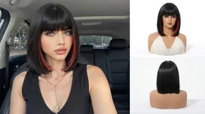High-quality detailed views of a black bob wig with red highlights and blunt bangs