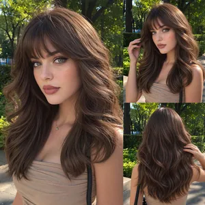 Detailed view of long wavy dark brown synthetic wig with bangs from multiple angles.
