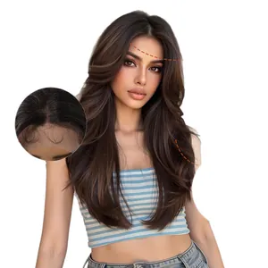 Long 13x6 lace front synthetic wig with layered dark brown waves and a natural hairline