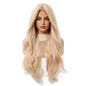 Peluca rubia larga lace front profesional con raya al medio y ondas naturales del cuerpo