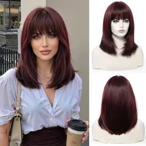 Burgundy shoulder-length bob wig with bangs, straight synthetic hair for women