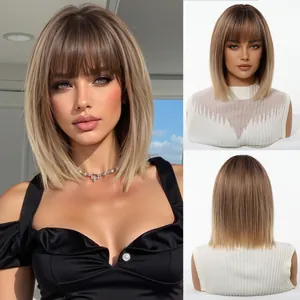 Detailed views of a natural short straight Bob wig with bangs in ombre blonde color