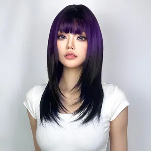 Detailed view of long straight wig with bangs in purple to black gradient