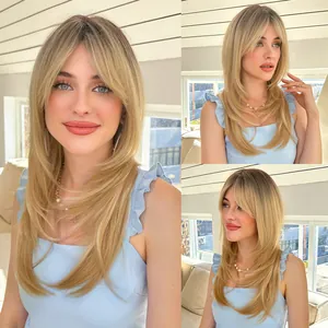 Detailed views of a long layered blonde wig for women featuring soft bangs and natural waves.