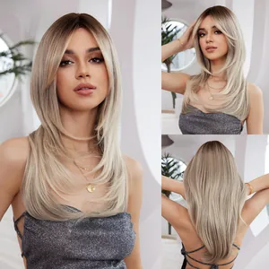 Multi-angle view of a long layered ombre blonde wig with natural dark roots for women