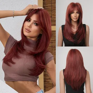 Long reddish-brown layered wig with bangs shown from multiple angles and back view.