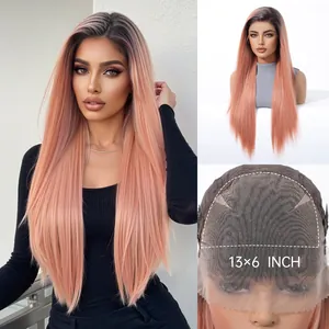 Damen 13x6 Spitzenfront Lange Glatte Perücke Ombre Rosa Weinrot Synthetische Hitzebeständige Faser Perücke Mit Perückenkappe