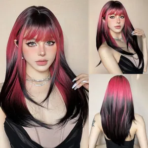 Long pink and black ombre cosplay wig with flat bangs and slightly curled ends for women.