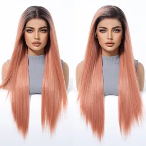 Professionelle lange glatte ombre rosa 13x6 Lace-Front-Perücke mit dunklem Ansatz