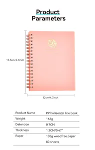 Detaillierte Produktparameter und Maße für das rosa A6 Spiralnotizbuch Journal
