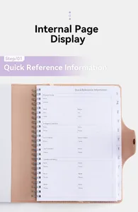 Detailed view of the quick reference internal page in a pink A5 PU spiral planner