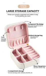 Diseño interior de un joyero de viaje portátil con varios compartimentos de almacenamiento.