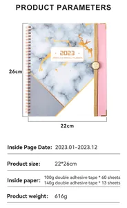 Detail specifications of 2023 weekly and monthly planner with marble PU leather cover