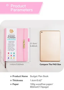 Planner budgétaire rose A5 en similicuir avec dimensions et détails du papier 100g.