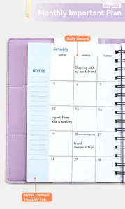 Close-up of A5 monthly planner interior showing notes section and January calendar.
