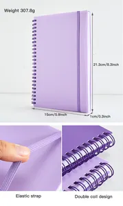Cuaderno de espiral A5 lila con banda elástica y detalles de encuadernación de doble