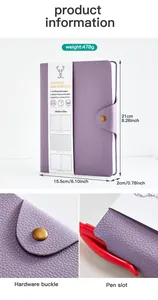 Detail of purple leather journal featuring dimensions, weight, pen slot, and hardware buckle.
