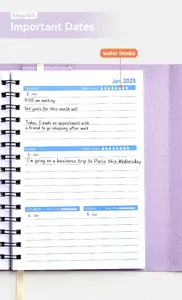 Close-up of A5 spiral planner interior page featuring daily schedule and water intake tracker