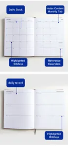 Detail of B5 PU leather planner showing monthly and daily record interior layouts.
