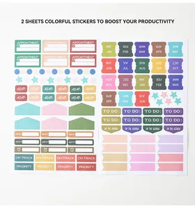 Close-up of two sheets of colorful English planner stickers for daily productivity