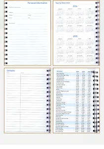 Detail of A5 spiral planner interior pages showing calendar and contact sections.