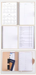 Detailed interior views of A5 spiral planner with 2025-2026 yearly overview and pockets