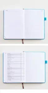 Gedetailleerd overzicht van vakantielijst 2025 en gelinieerde pagina's in blauwe planner.