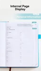 Detail van binnenpagina met persoonlijke gegevens voor de 2025 tweetalige agenda, lichtblauw