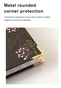 Close-up of gold metal rounded corner protection on floral weekly planner notebook