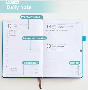 Gedetailleerd overzicht van de binnenpagina's van de 2025 dagplanner in Engels en Spaans