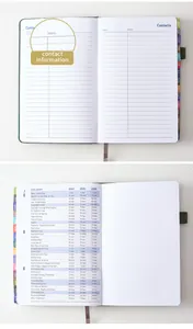 Interior detail of 2024 English planner showing holiday list and contacts page