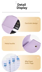Detail view of a purple PU leather notebook showing card slot, buckle, and 80g paper pages.