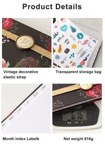 Detail views of 2023 English A4 PU planner features including elastic strap and weight