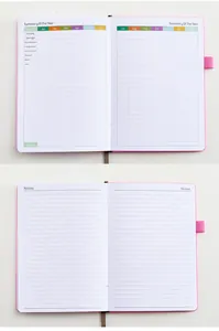 Vue détaillée des pages intérieures du planificateur de budget A5 rose avec résumé