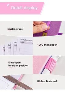 Détails du planificateur budgétaire A5 montrant l'élastique, le papier épais et le porte-stylo.
