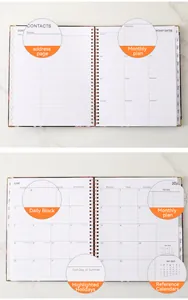 Interior view of a 2023 floral spiral planner with monthly and daily schedule pages